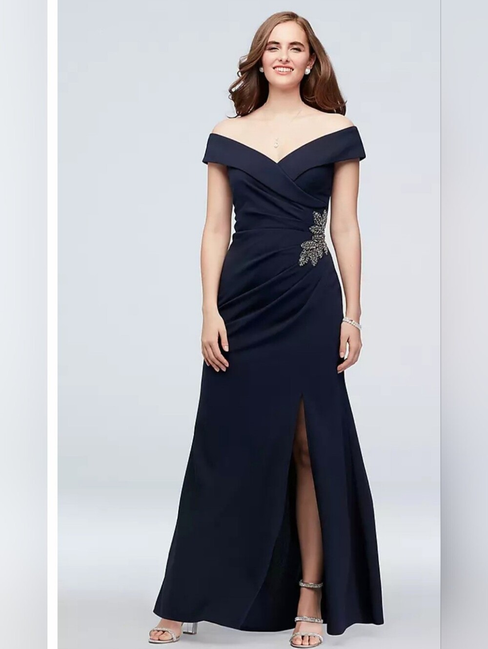 Oleg Cassini Navy One-Shoulder Evening Gown with Side Crystal Detail
